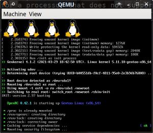 QEMU 5.2.0 booting Gentoo Linux.