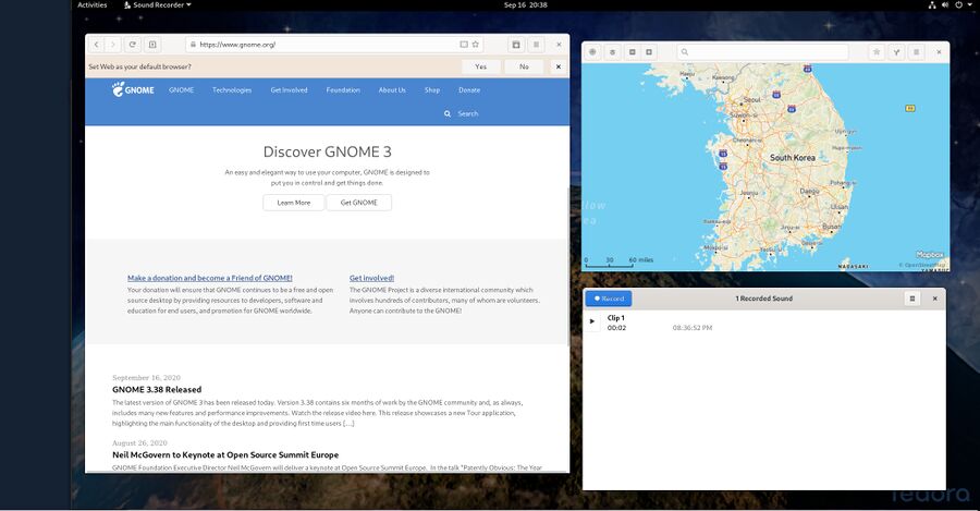 GNOME 3.38 on Fedora 33 showing Web Maps And Sound Recorder.jpg