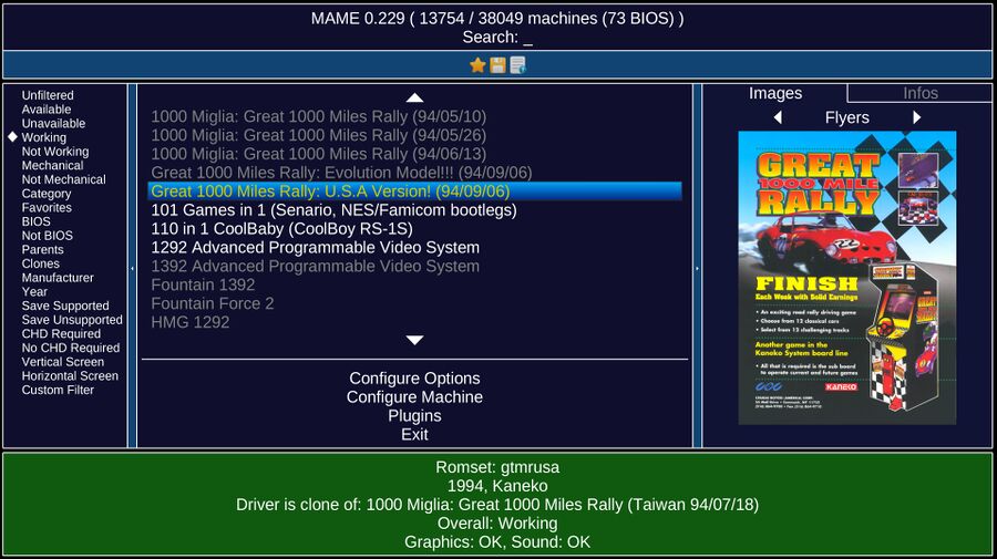 MAME 0.229 launcher showing Great 1000 Miles Rally flyer.jpg