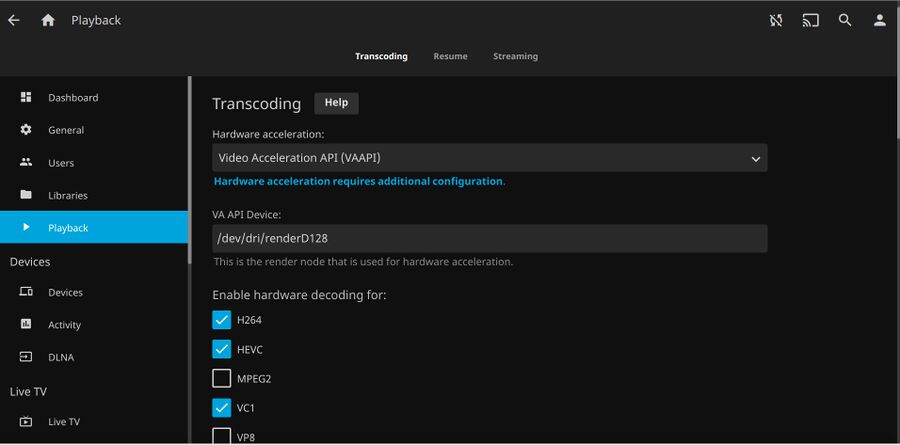 Jellyfin media server 10.6.3 hardware transcoding settings.jpg